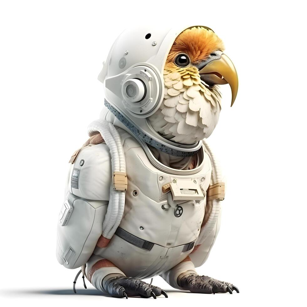 3D rendering of an astronaut with a bird on a white background, Image photo