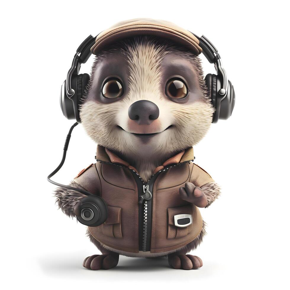 Hedgehog with headphones isolated on white background. 3d illustration., Image photo
