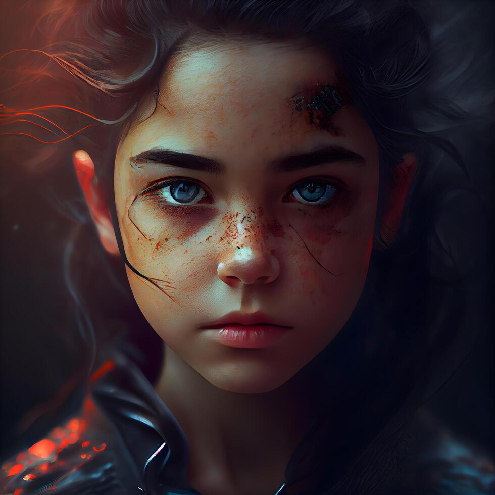 Portrait of a beautiful girl with red blood on her face., Image