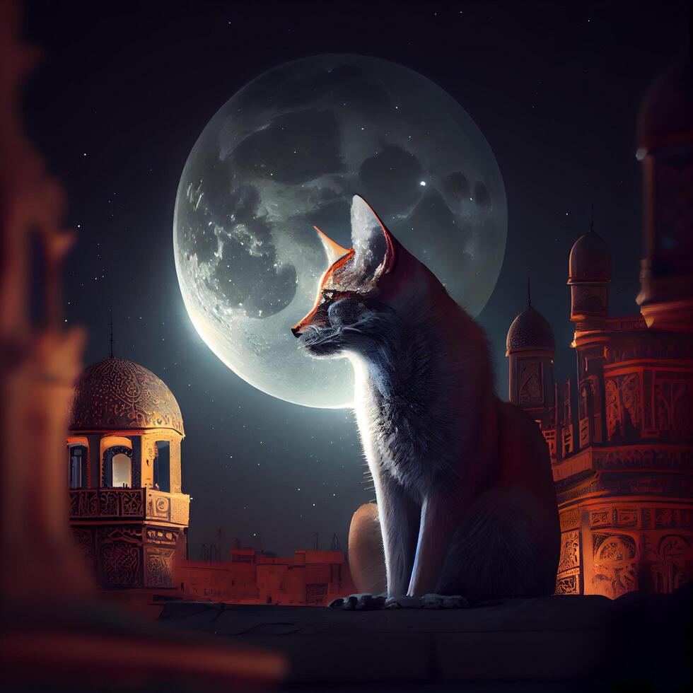 el lobo se sienta en el antecedentes de el mezquita y el luna., ai generativo imagen foto