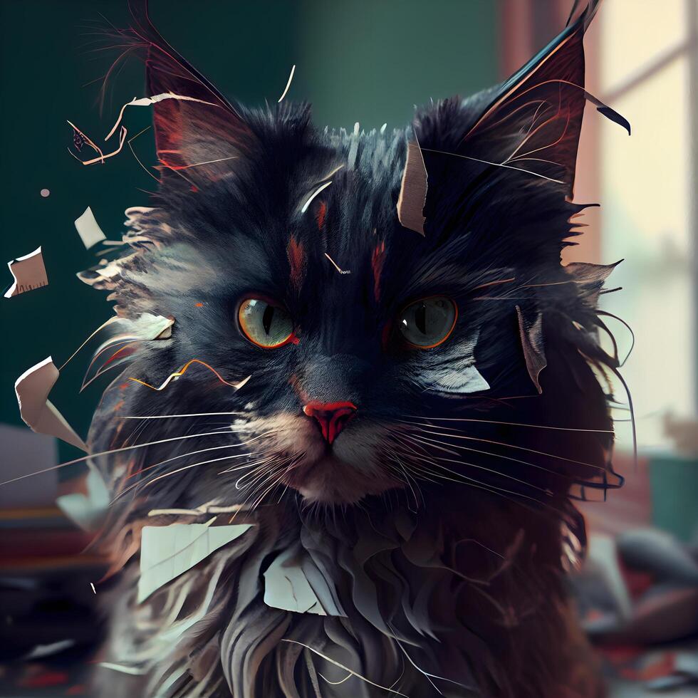 Black cat with orange eyes and torn paper on his head. 3d rendering, Image photo
