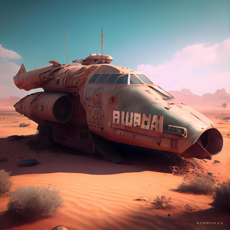 3d rendering of an alien spaceship in the desert. 3d illustration., Image photo