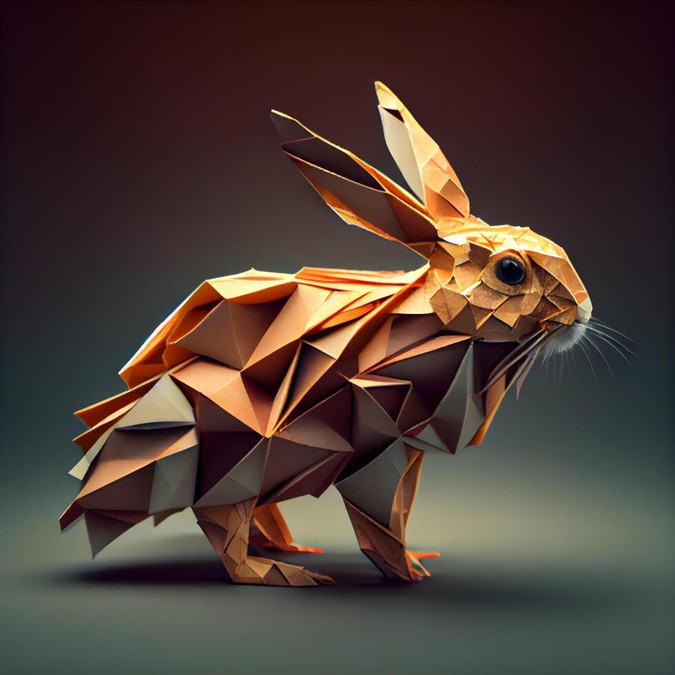 papel origami Conejo aislado en oscuro antecedentes. 3d ilustración., ai generativo imagen foto