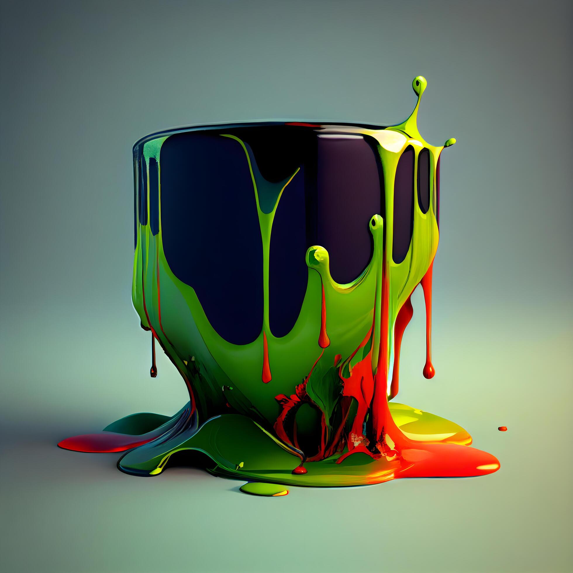 Colorful paint dripping from a bucket. 3d rendering, 3d illustration