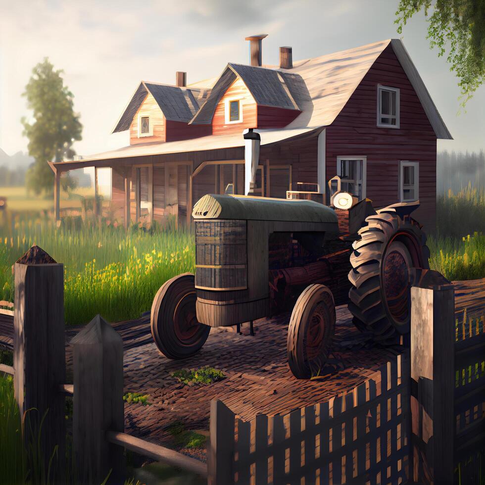 Old tractor on the farm in the village. 3D illustration., Image photo