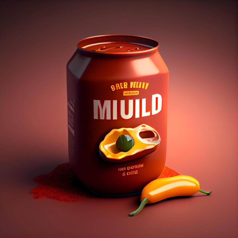 Aluminum can with hot chili pepper on red background. 3d rendering, Image photo