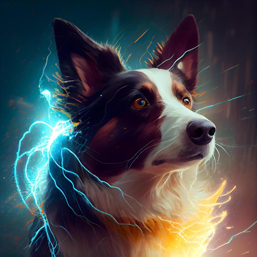 Fantasy portrait of a dog with fire and smoke. Blue background, Image photo