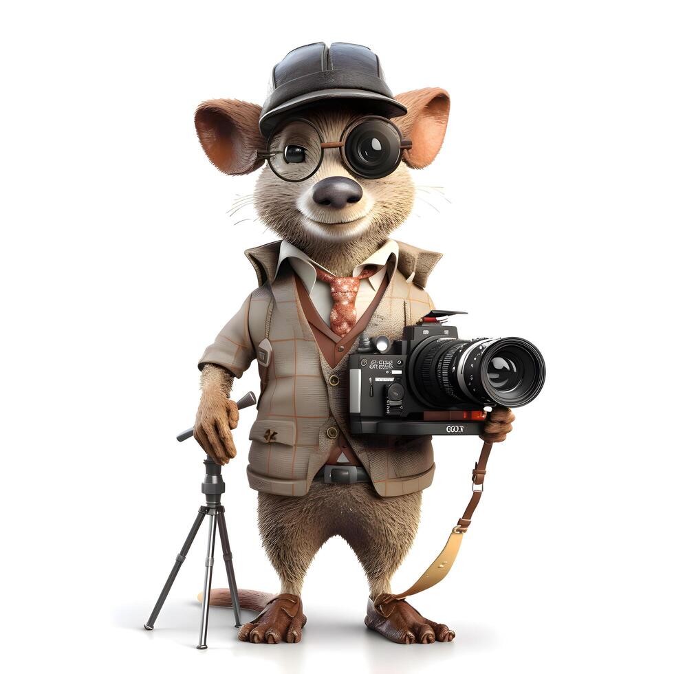 3D rendering of a cute mouse with a camera. Isolated on white background., Image photo