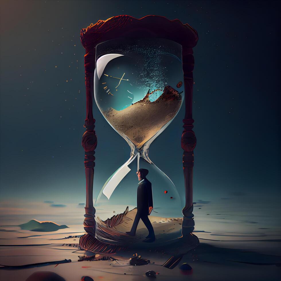 Businessman standing in sandglass. Time concept. 3D rendering, Image photo