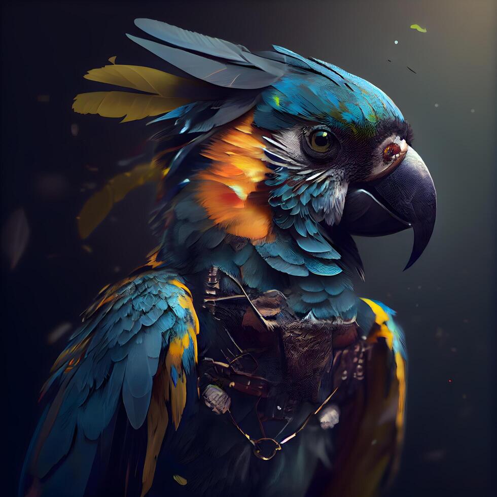 Beautiful macaw parrot on dark background. Fantasy illustration., Image photo