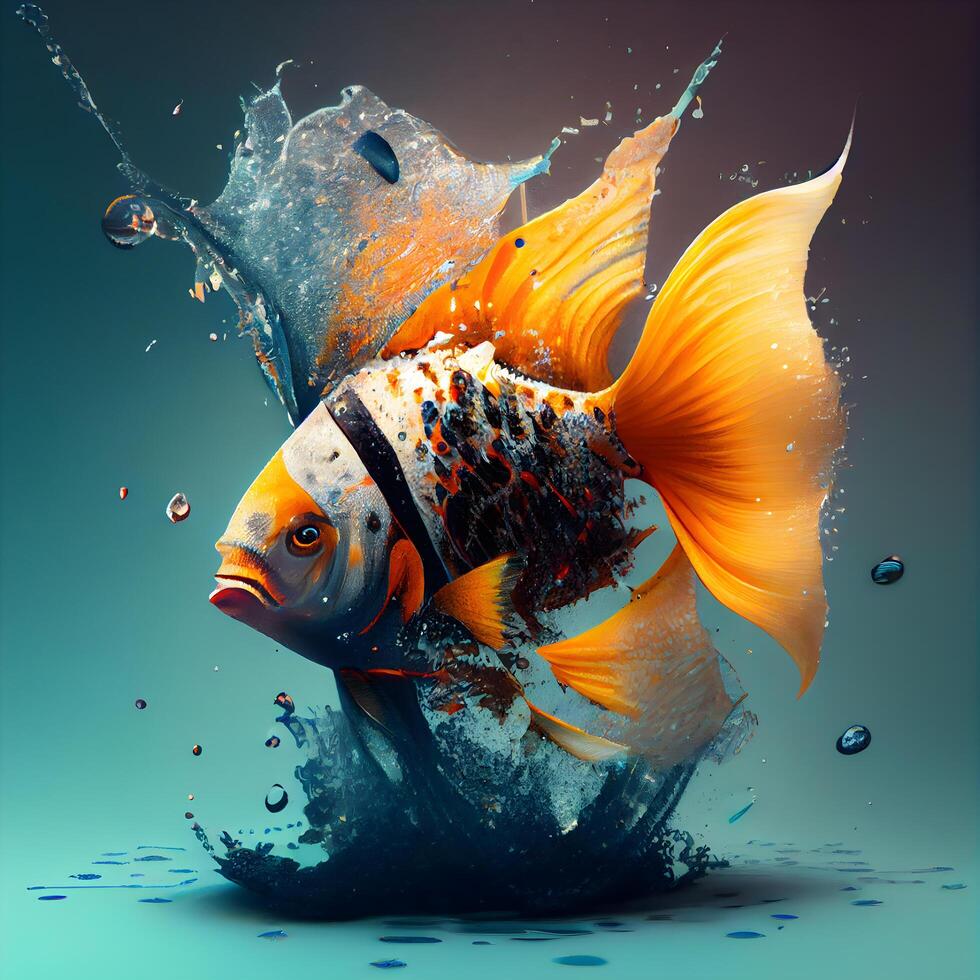 Beautiful goldfish jumping out of water. 3D illustration., Image photo