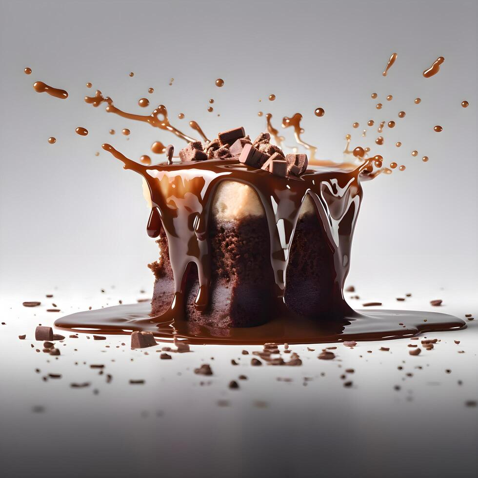 Chocolate cake with splashes of caramel on a dark background., Image photo