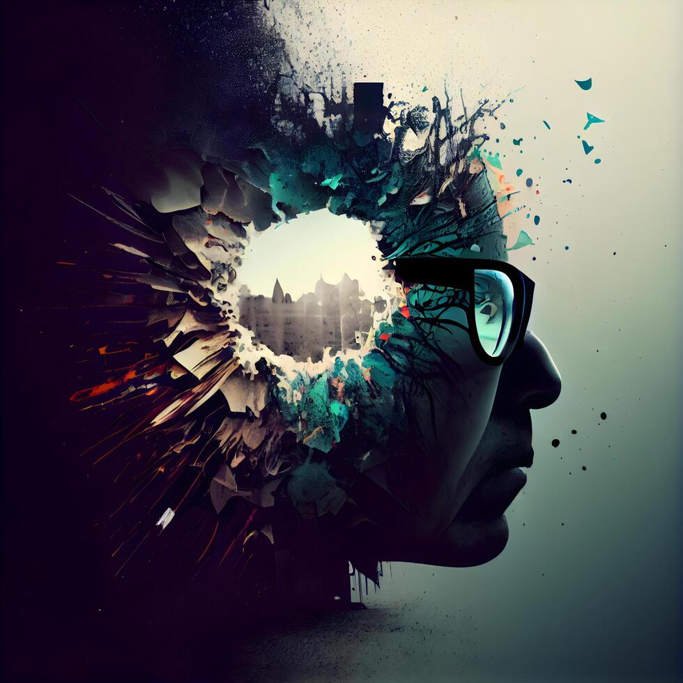 Double exposure of human head with cityscape and grunge splashes, Image photo