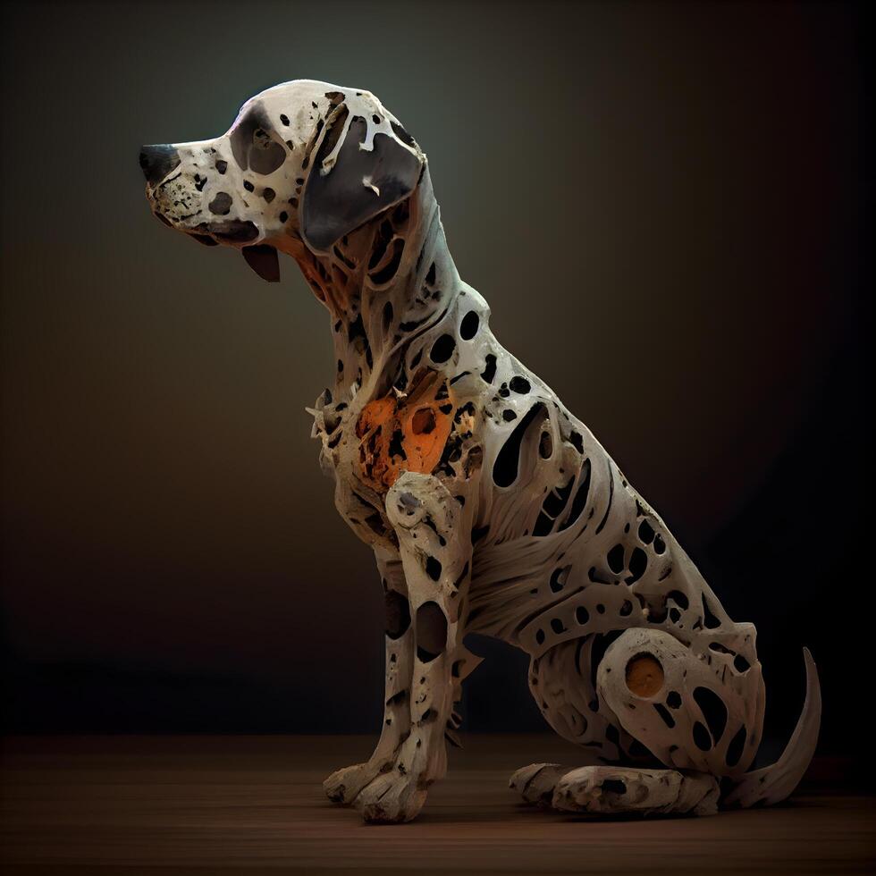 Dog sitting on a wooden floor with a black background. 3d rendering, Image photo