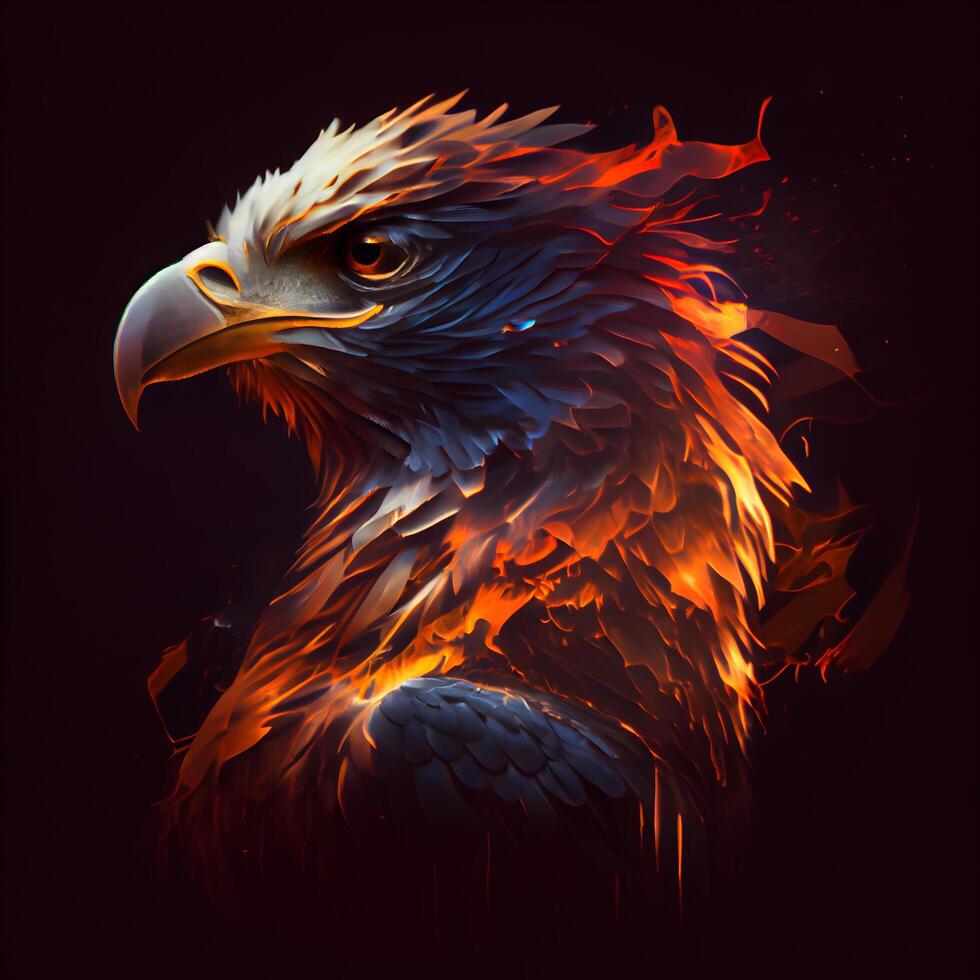 Eagle head with fire flames on dark background. illustration., Image photo