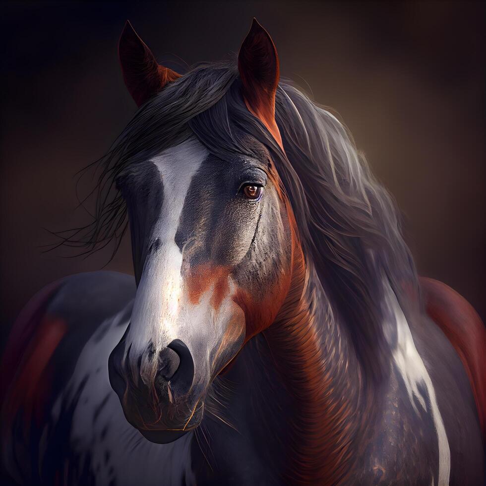 Portrait of a bay horse on a dark background. Digital painting., Image photo