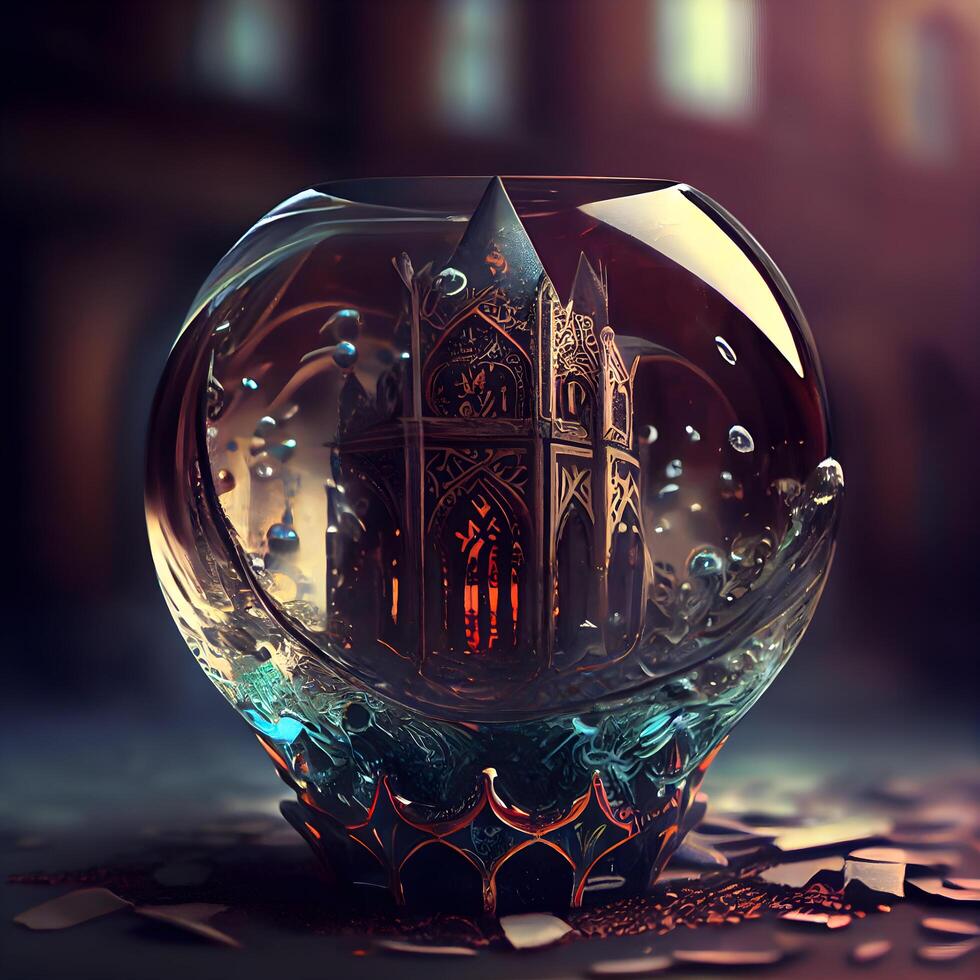 Crystal ball with gothic church on the background. 3D rendering, Image photo