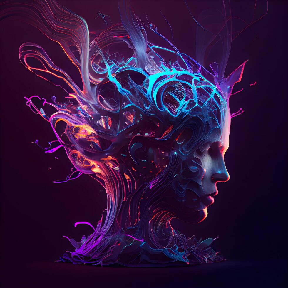 3d rendering of a human head with an abstract colorful hair., Image photo