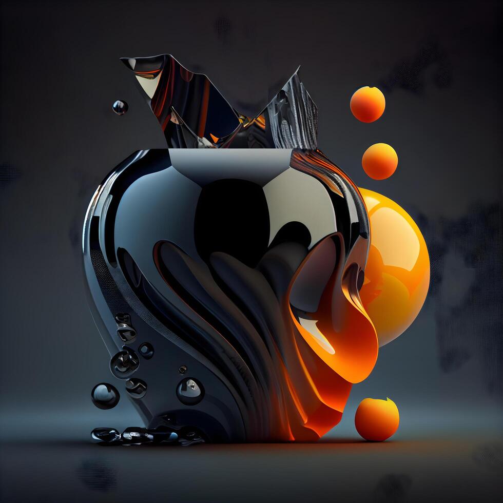 Black vase with orange and black abstract background. 3d rendering, Image photo