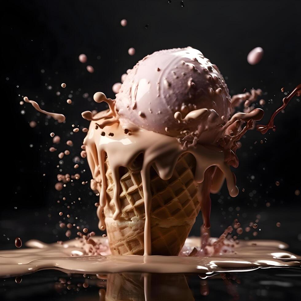ice cream splashing out of a waffle cone on a dark background, Image photo