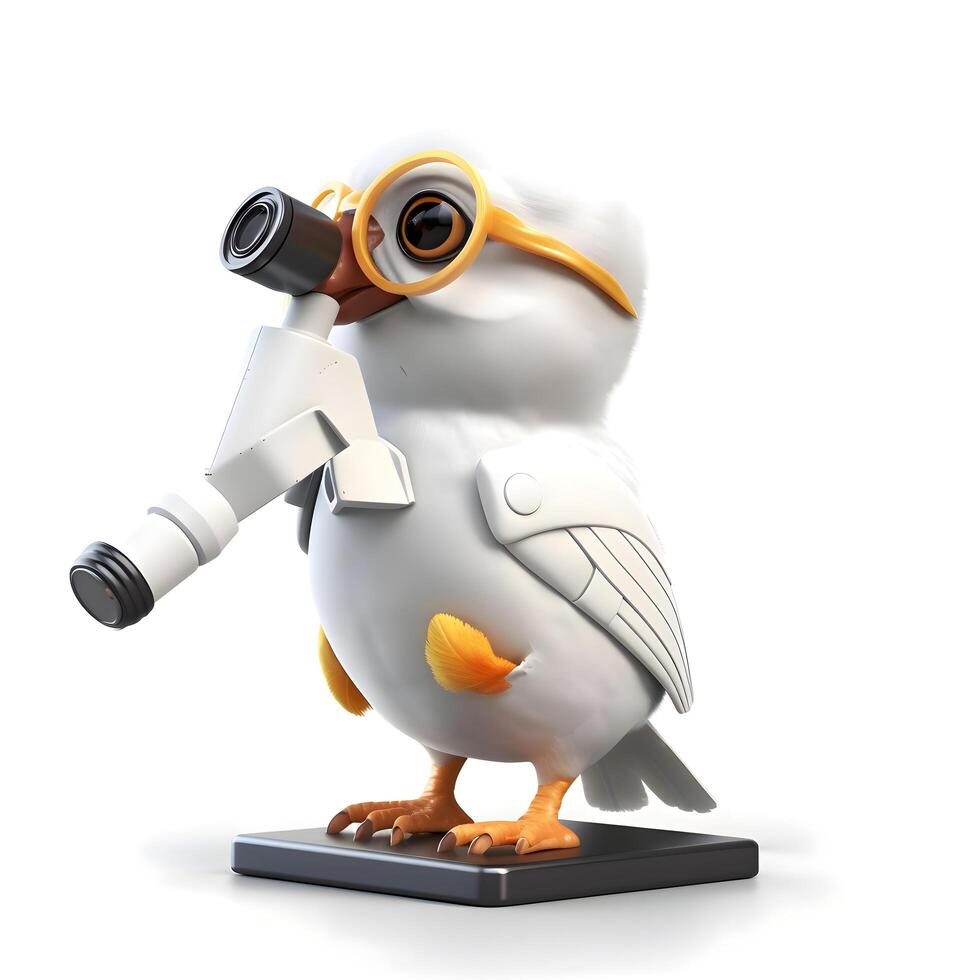 Bird with binoculars isolated on white background. 3d illustration, Image photo
