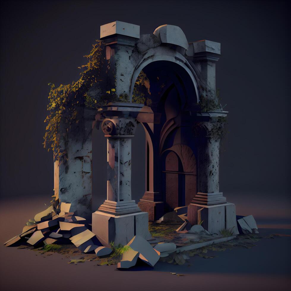 3d render of an ancient stone arch with columns in the jungle, Image photo