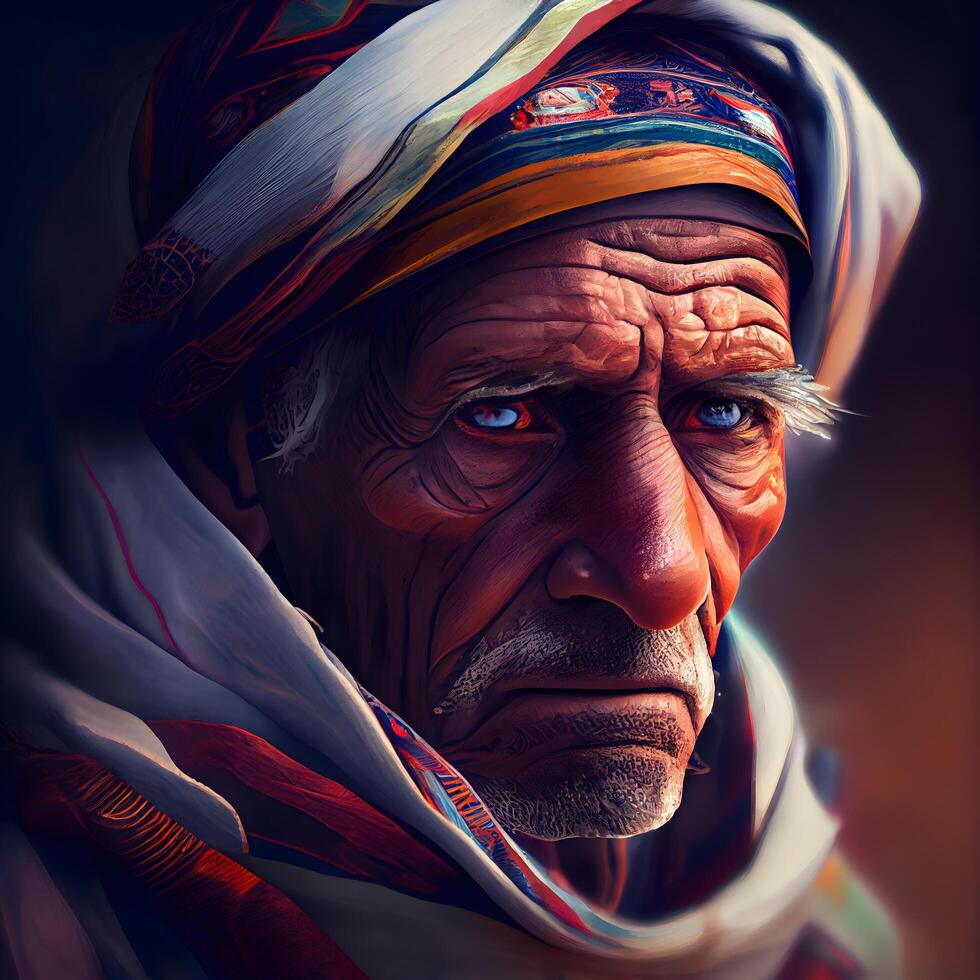 Portrait of an old Indian woman with a colorful headscarf., Image photo