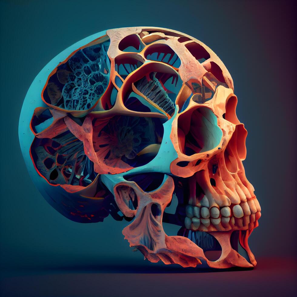 3d illustration of human skull in low poly style. Halloween background, Image photo