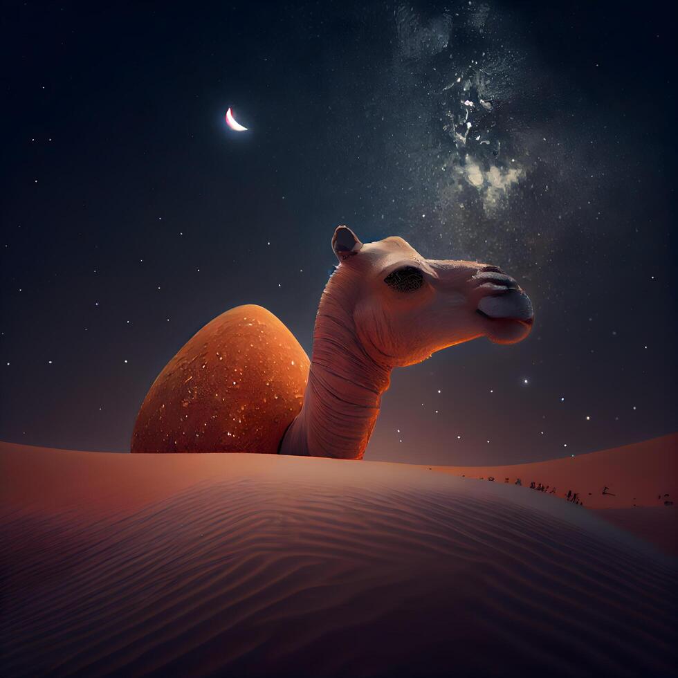 Camel in the desert at night. 3d render image., Image photo