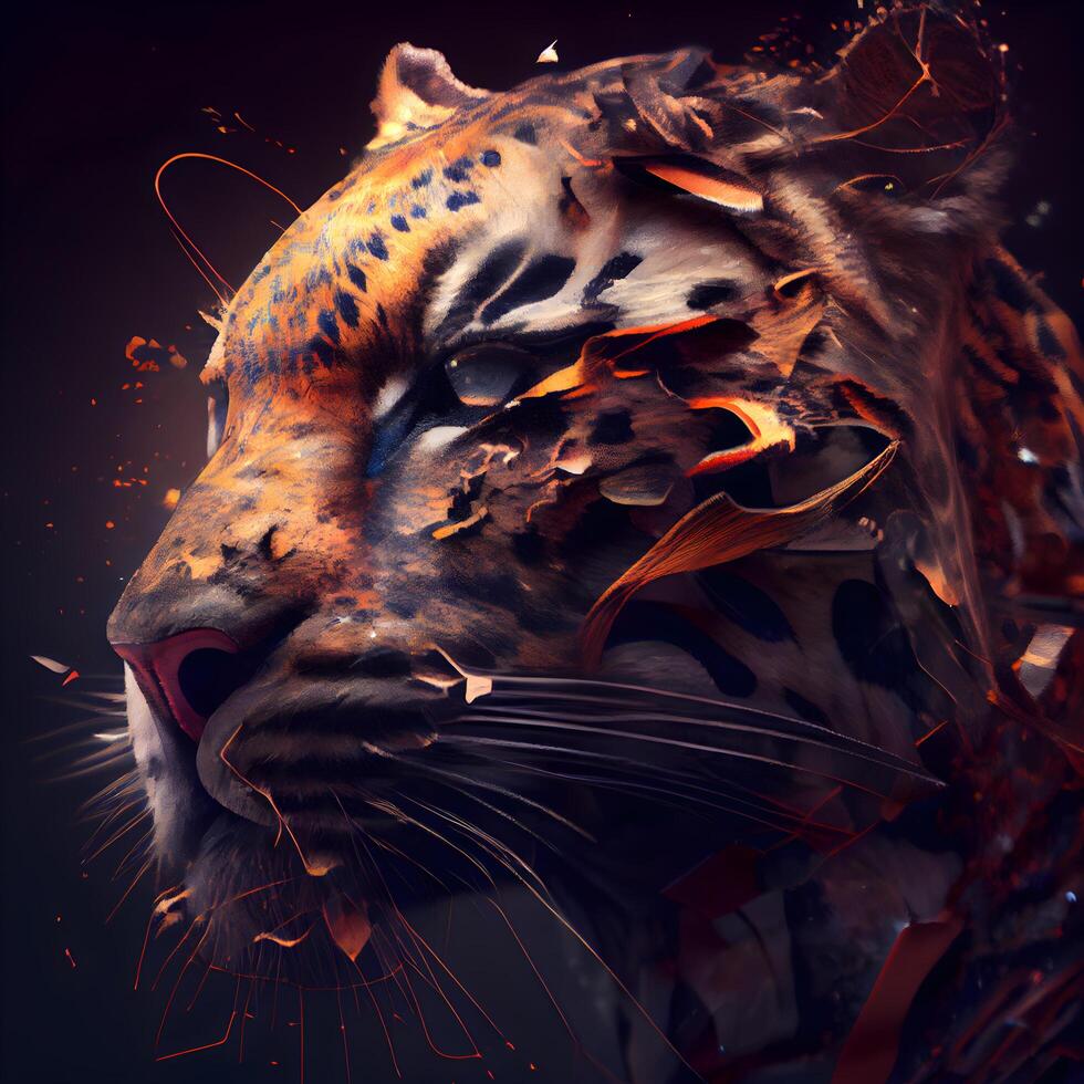 Fantasy portrait of a leopard with a fire effect. 3D rendering, Image photo
