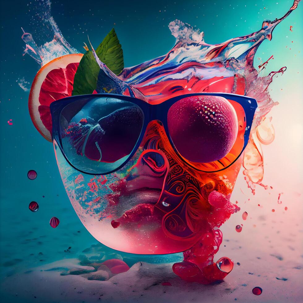 Fashionable female face in sunglasses with water splashes and fruits, Image photo