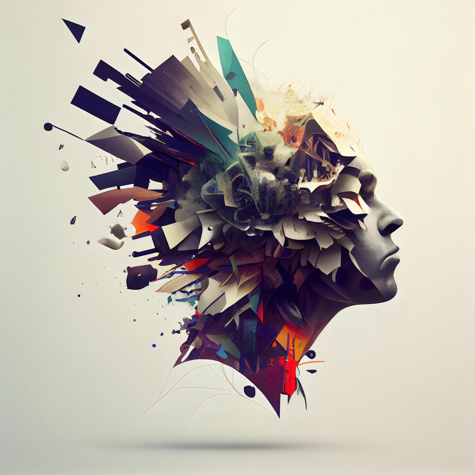 3d rendering of human head made of colorful geometric shapes on grey background, Image photo