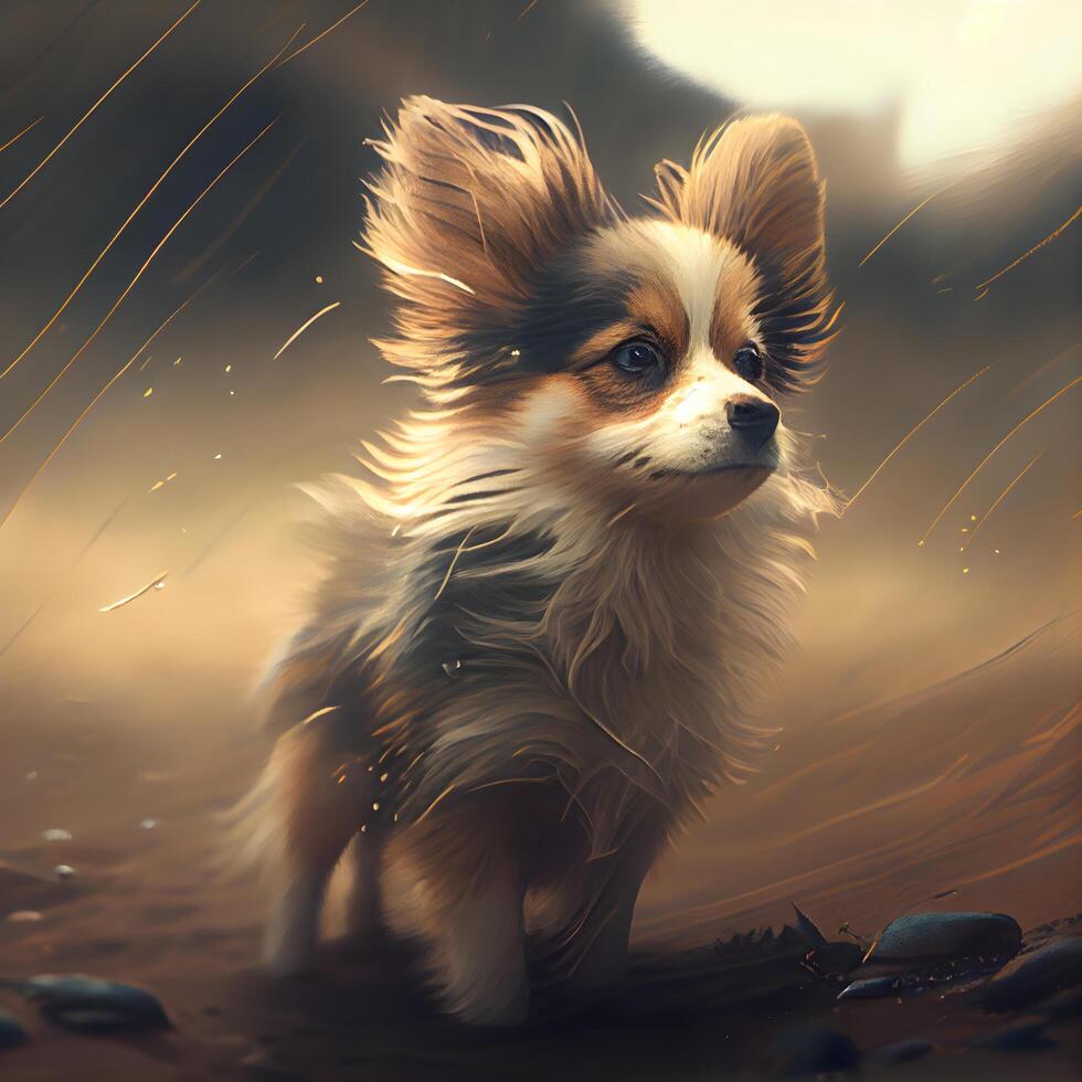 Papillon perro en el lluvia en un antecedentes de niebla., ai generativo imagen foto