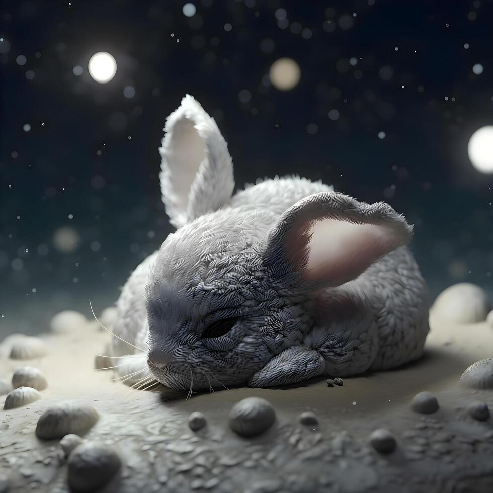 Funny rabbit with moon and stars in the background. 3D rendering., Image photo