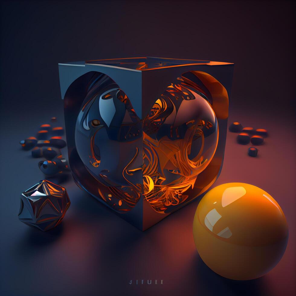 3d illustration of cube with geometric shapes in blue and orange colors, Image photo