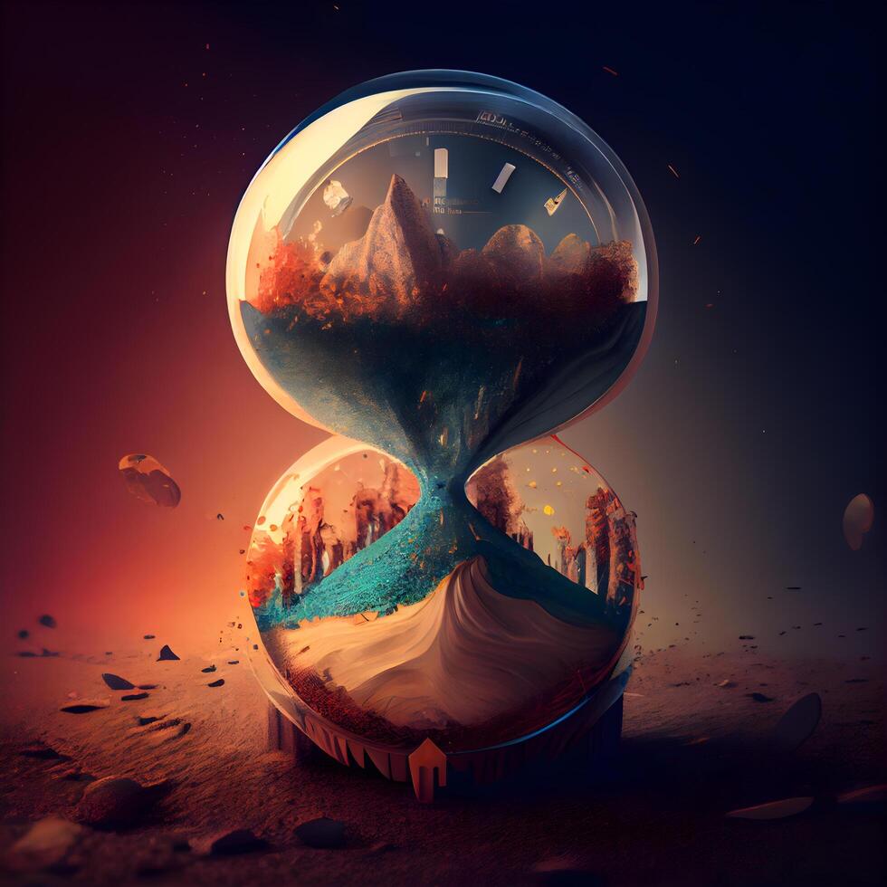 Time concept with hourglass and mountain landscape. 3D Rendering, Image photo