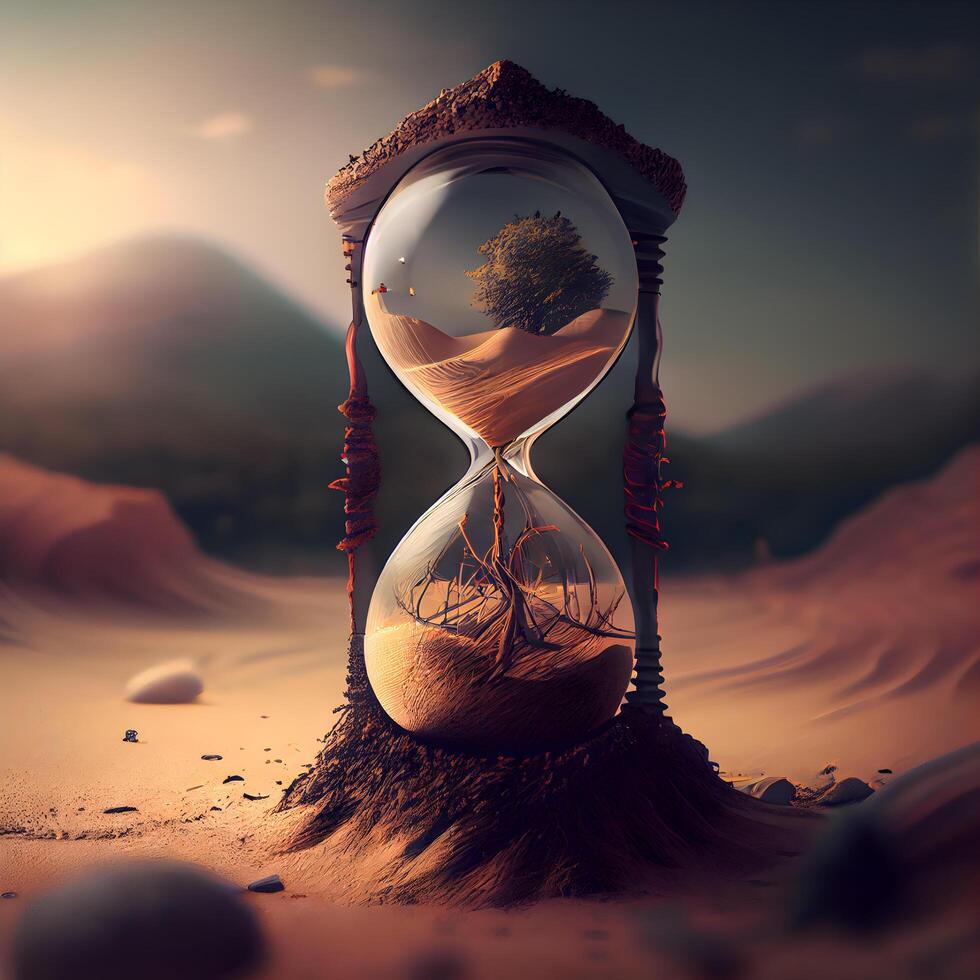 Hourglass with sand running through the desert, 3d render illustration, Image photo