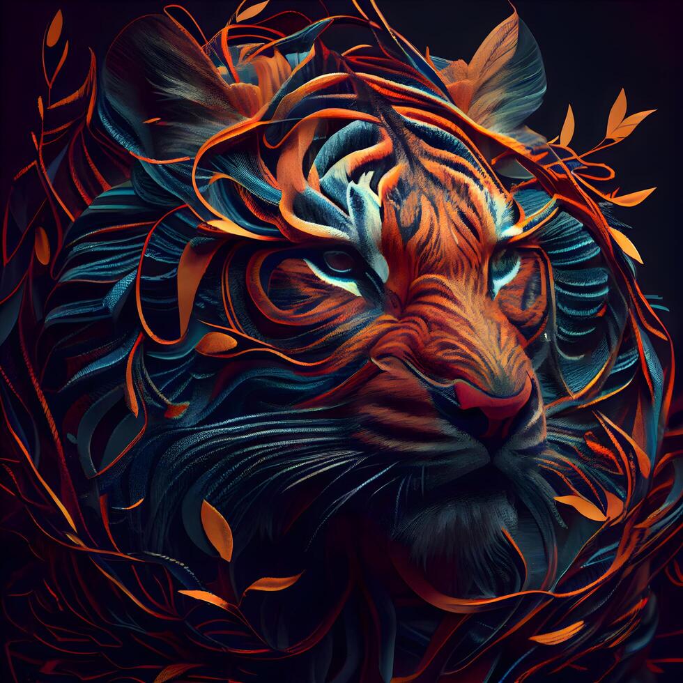 Tiger with a floral ornament on the background. 3D rendering, Image photo