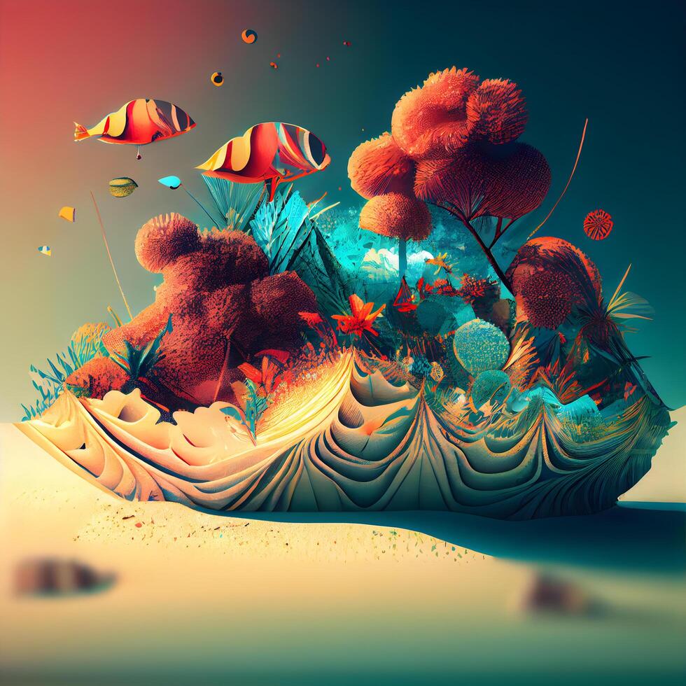 Underwater world with fish and coral. 3d render illustration., Image photo