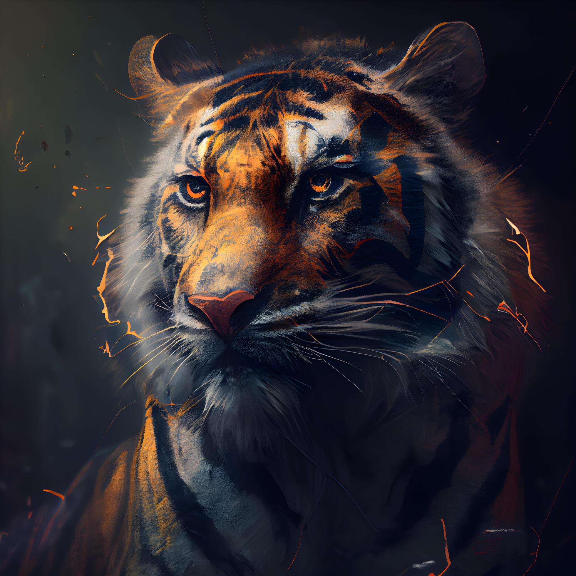 Tiger in the rain. 3D rendering. Digital painting., Ai Generative