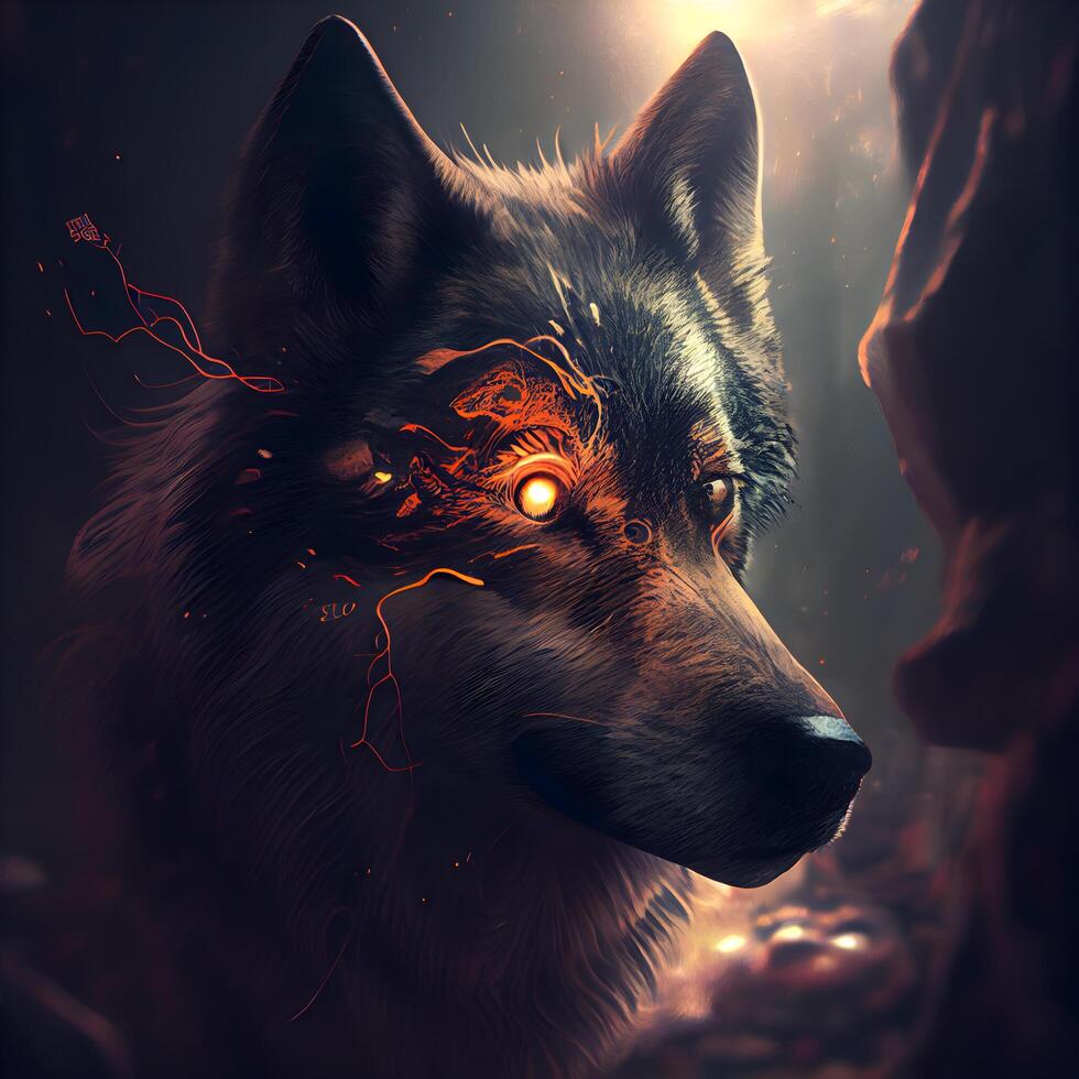 Digital illustration of a wolf in the forest with lightning in the eyes, Image photo