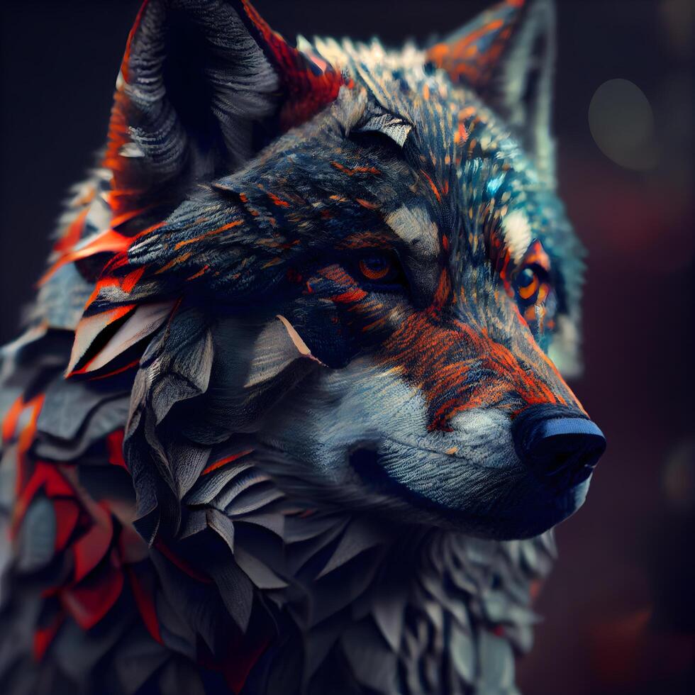 3d illustration of a wolf with a red and blue pattern., Image photo