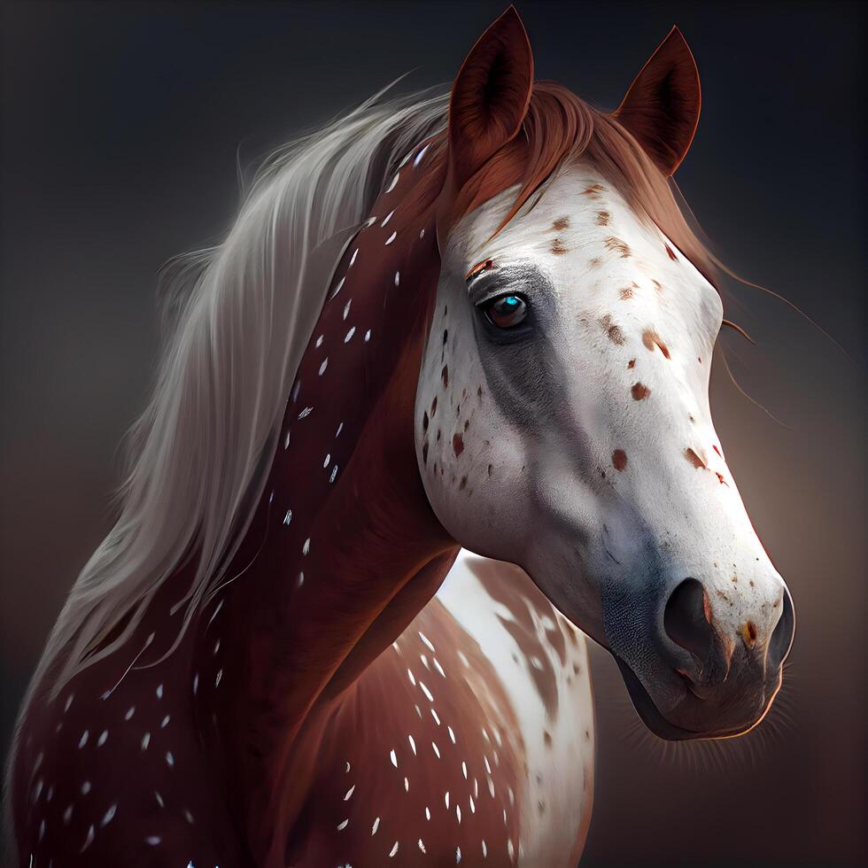 Beautiful white horse with red mane portrait on dark background., Image photo