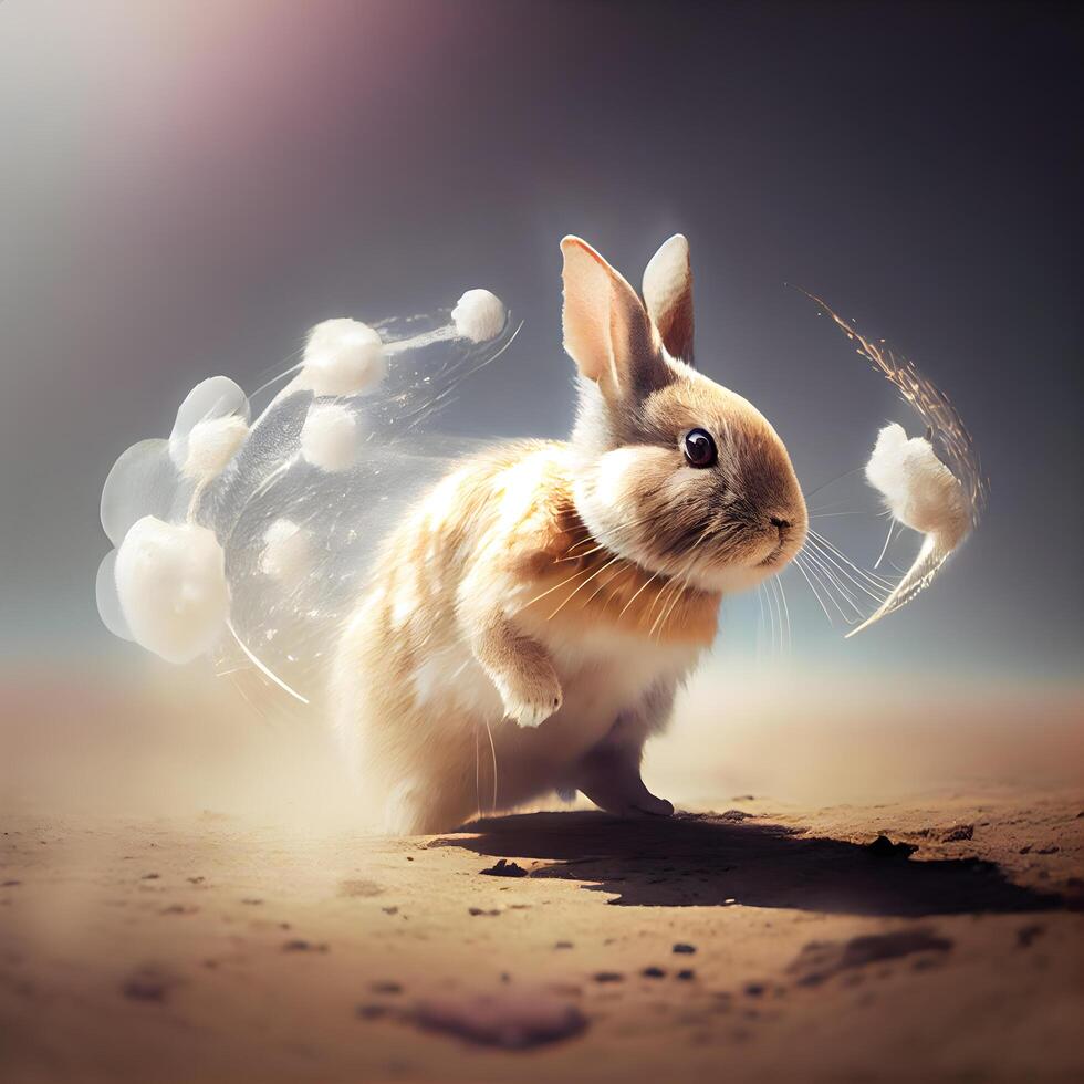 Cute little rabbit with flying dandelion seeds on the sand, Image photo