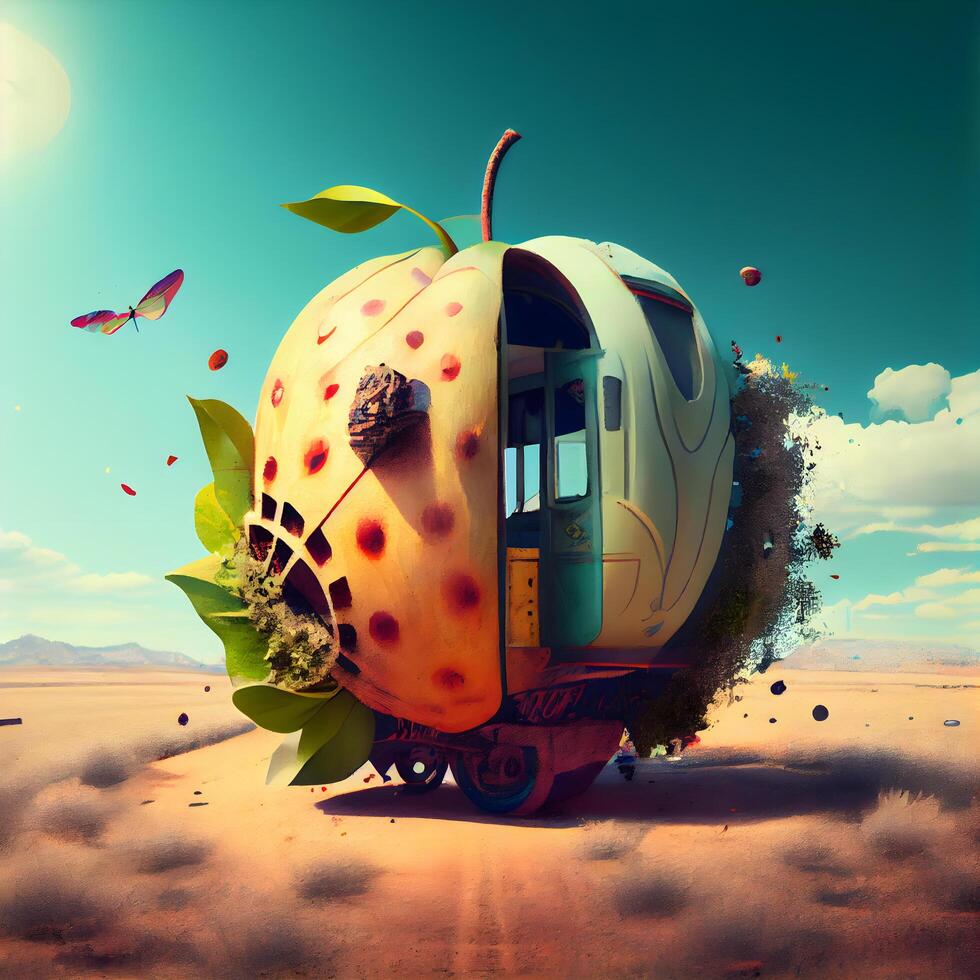 Train in the desert with apple and butterflies. 3d illustration., Image photo
