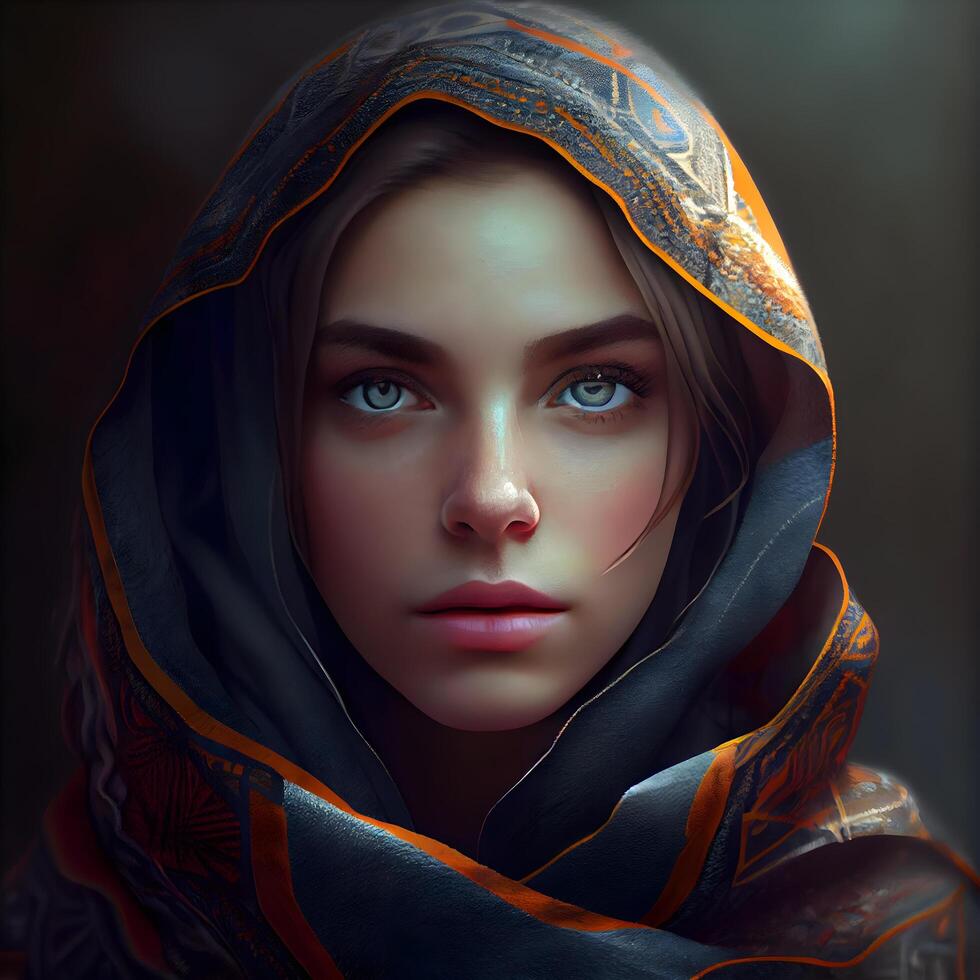 Portrait of a beautiful girl with a scarf on her head., Image photo