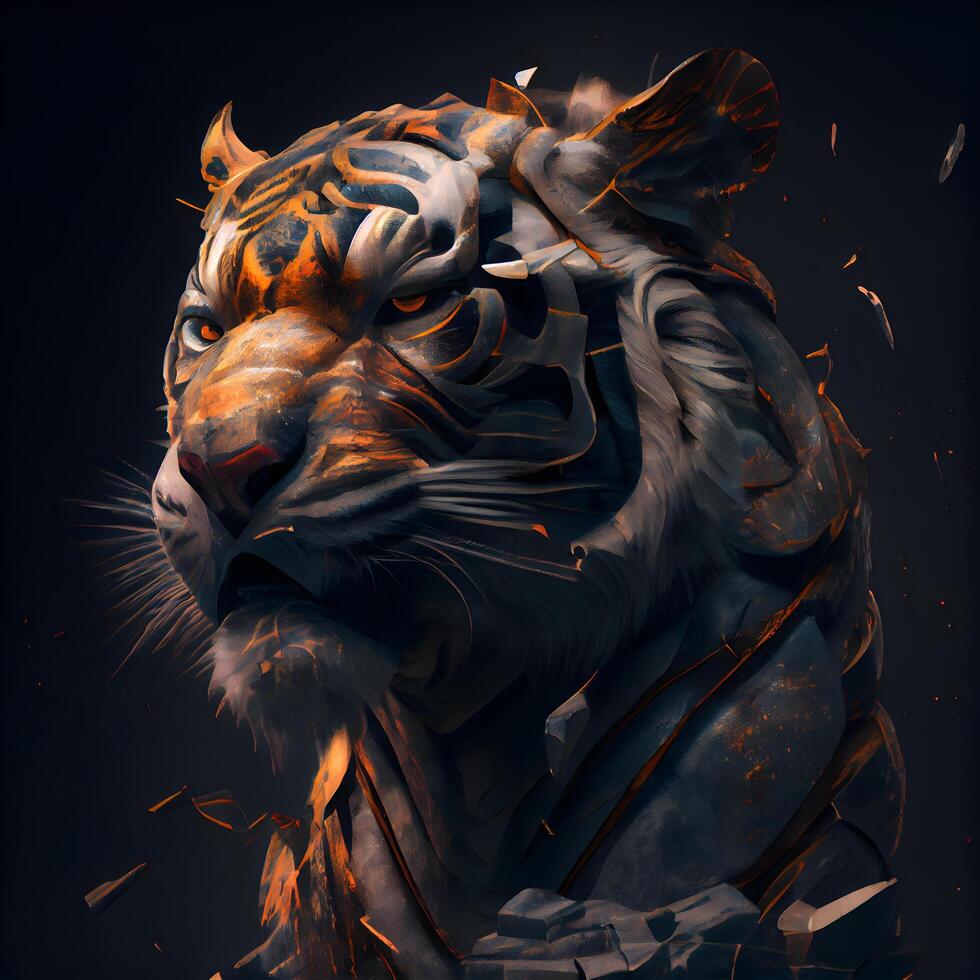 Tigre con fuego llamas en un oscuro antecedentes. 3d ilustración, ai generativo imagen foto