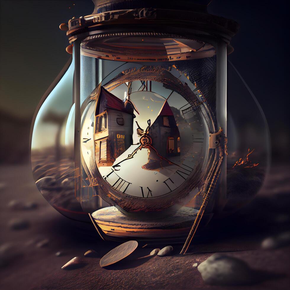 Time is money concept. Old hourglass with medieval castle in the background, Image photo