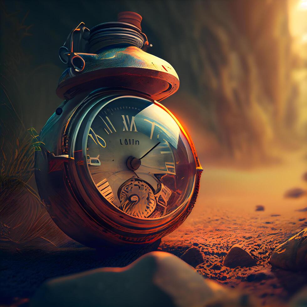 Vintage pocket watch in the desert. Time concept. 3d rendering, Image photo