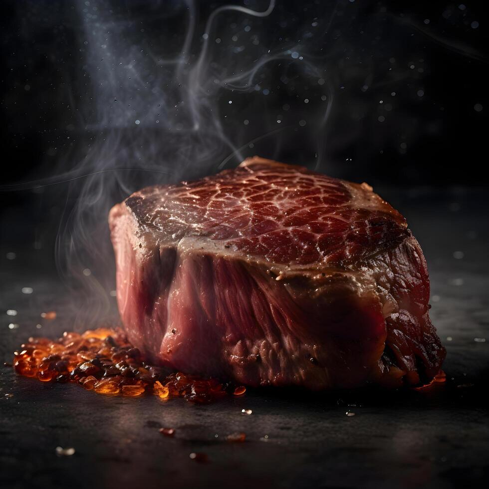 Grilled beef steak with spices and smoke on black background, close up, Image photo